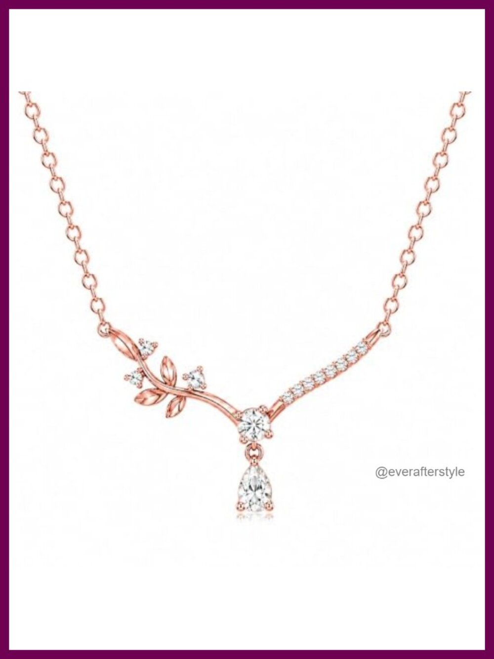 Women's Leaf Branch Pendant Necklace, Cubic Zirconia Teardrop Charm, 18K Gold